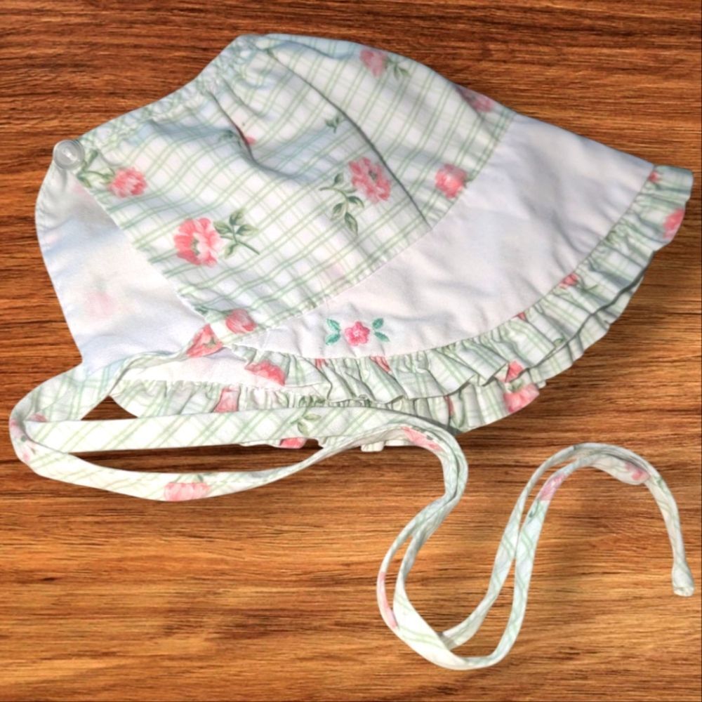 Vintage Infant Girls Green Pink Floral Print Bonnet Hat 3/6 Months